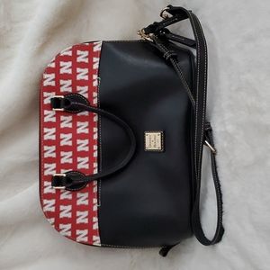 Dooney & Bourke Black and Red Dome Satchel with Nebraska Husker Football pattern